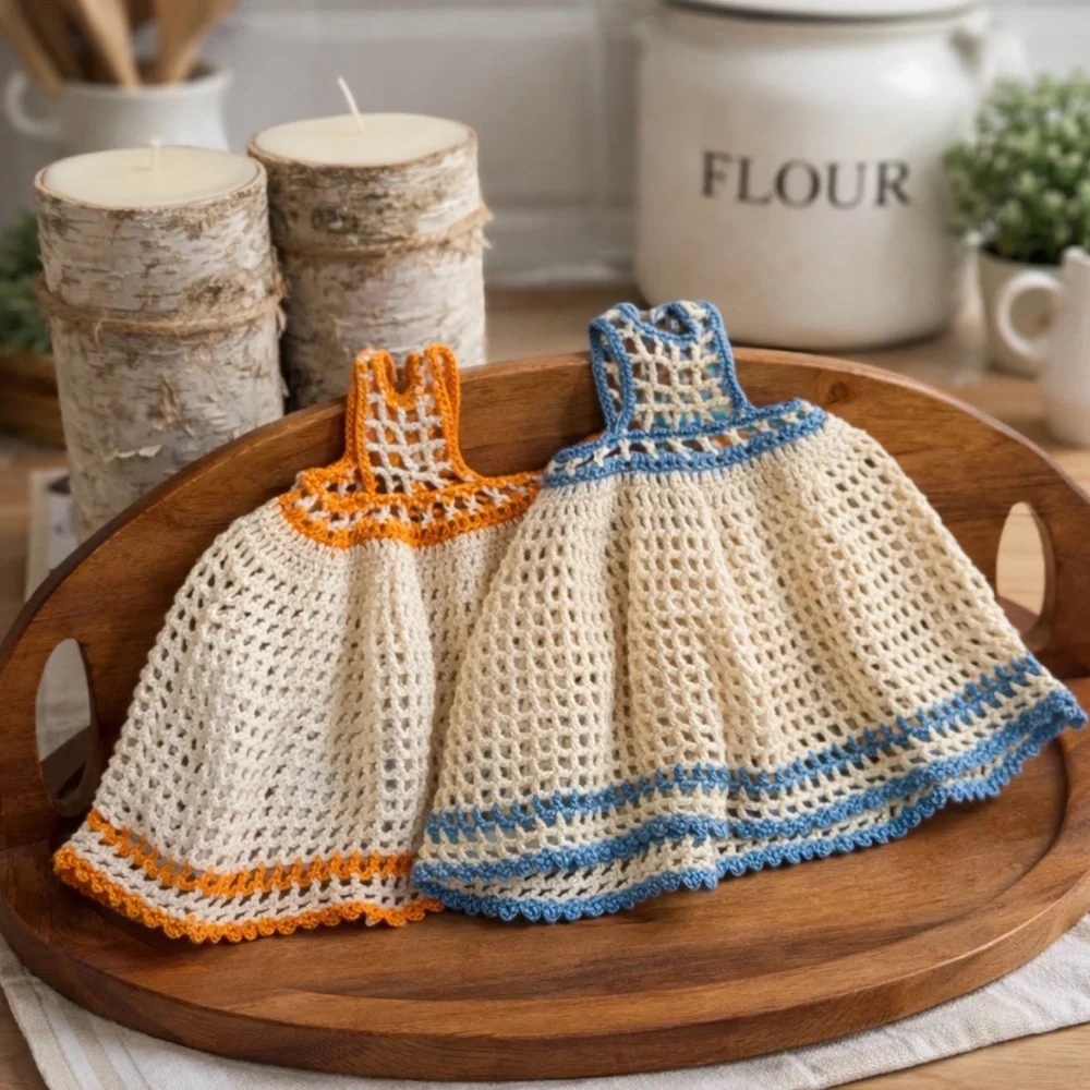 Vintage Crochet Dress Dish Towels Potholders Set Cottage Farmhouse Kitchen Decor